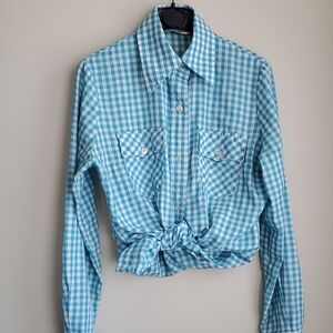 Levi's 70's Peacock Blue Checkered Gingham Button Up Country Western Shirt S EUC